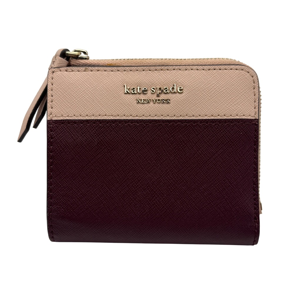 Kate Spade Staci Small Leather Bifold Wallet Burgundy Pink Colorblock L-Zip